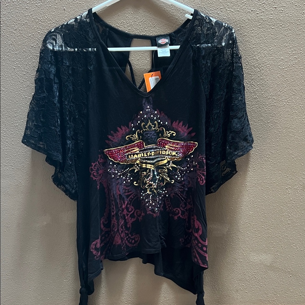Harley-Davidson Black and Pink Lace Tee